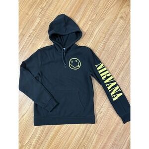 Old Navy Nirvana Hoodie Pullover Size Medium Black Grunge Band Smiley Logo Music